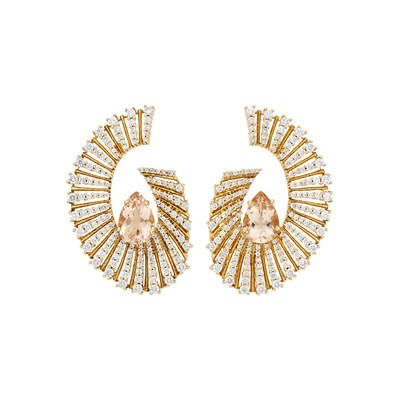 Lot 34 - Hueb Pair of Rose Gold, Morganite and Diamond 'Labyrinth" Earrings