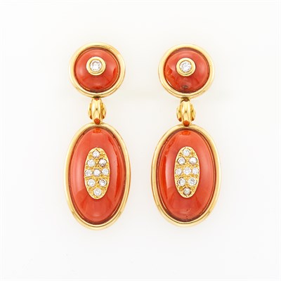 Lot 17 - Pair of Gold, Coral and Diamond Pendant-Earclips