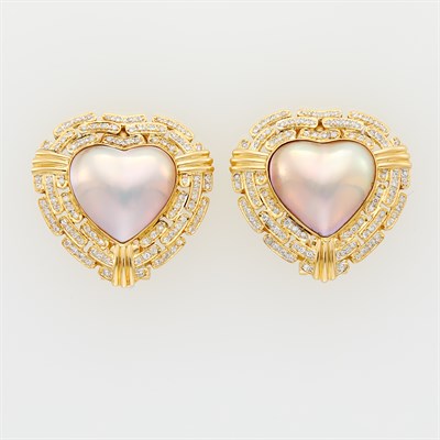 Lot 138 - Pair of Gold, Mabé Pearl and Diamond Heart Earrings