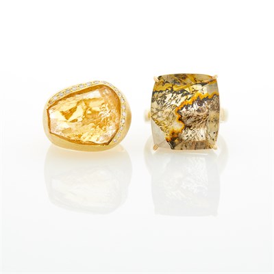 Lot 130 - Gold, Tumbled Citrine and Diamond Ring and Gold and Moss Agate Ring