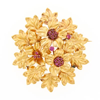 Lot 1097 - Cartier Gold and Ruby Flower and Leaf Brooch