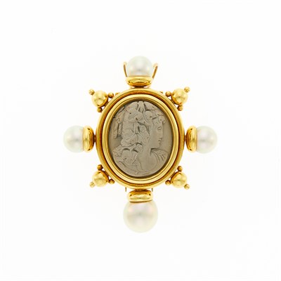 Lot 1006 - Gold, Lava Cameo and Cultured Pearl Pendant Clip-Brooch