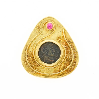 Lot 1019 - Elizabeth Gage Gold, Bronze Coin and Cabochon Ruby Plaque
