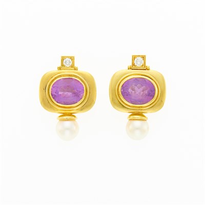 Lot 1084 - Elizabeth Gage Pair of Gold, Amethyst and Cultured Pearl Earrings
