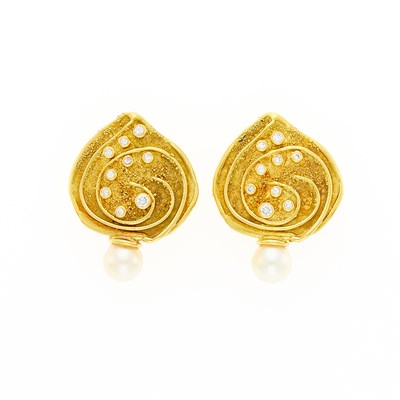 Lot 1021 - Elizabeth Gage Pair of Gold, Diamond and Cultured Pearl Earrings