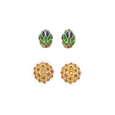 Lot 1014 - Two Pairs of Gold, Enamel and Colored Stone Earclips