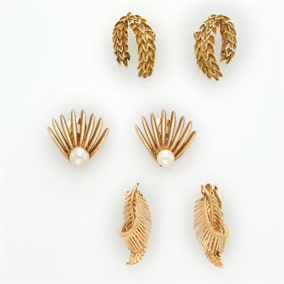 Lot 1158 - Three Pairs of Gold and Cultured Pearl Earclips
