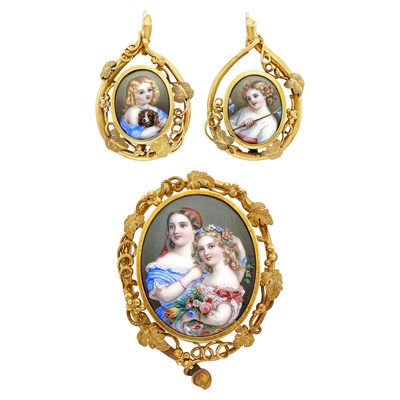 Lot 122 - Antique Gold and Portrait Miniature 'The Two Sisters' Brooch and Pair of Earrings