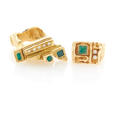 Lot 1096 - Two Abstract Gold, Emerald and Diamond Rings