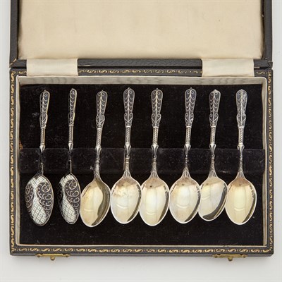 Lot 300 - Boxed Set of Eight English Enameled Silver...