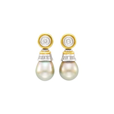 Lot 36 - Pair of Two-Color Gold, Tahitian Gray Cultured Pearl and Diamond Pendant-Earclips