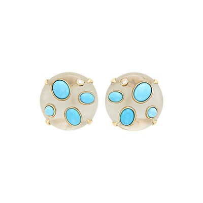 Lot 144 - Pair of Gold, Rock Crystal, Turquoise and Diamond Earclips