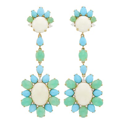 Lot 143 - Pair of Gold, White Coral, Turquoise, Green Chrysoprase and Diamond Pendant-Earclips