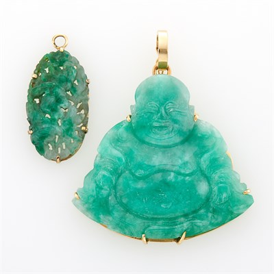 Lot 1083 - Two Gold and Carved Jade Pendants