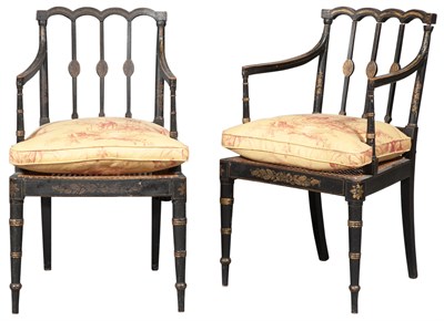 Lot 225 - Pair of Regency Japanned and Caned Armchairs...