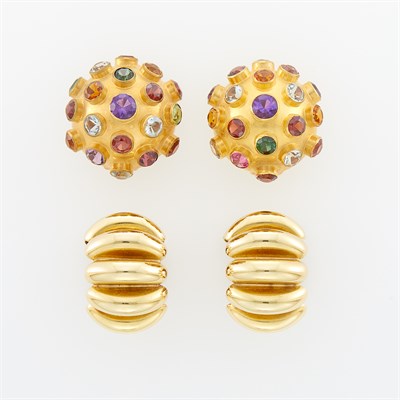 Lot 1140 - Pair of Gold and Colored Stone Dome Earclips and Pair of Gold Shrimp Earclips