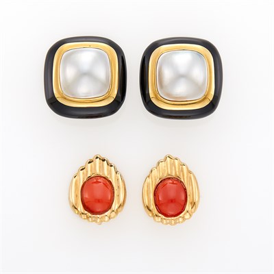 Lot 1079 - Pair of Gold, Black Onyx and Mabé Pearl Earclips and Pair of Gold and Coral Earclips