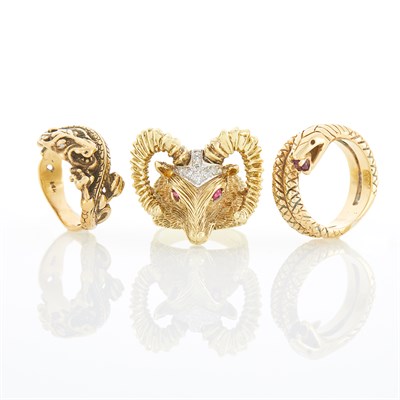 Lot 1125 - Three Gold, Ruby and Diamond Animal Rings