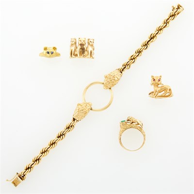 Lot 1131 - Gold Leopard Bracelet and Four Cat and Lion Rings