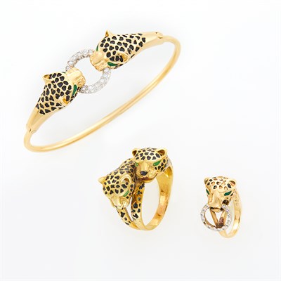 Lot 1021 - Martine Gold and Enamel Double Leopard Ring and Two-Color Gold, Enamel and Diamond Leopard Bangle Bracelet and Ring