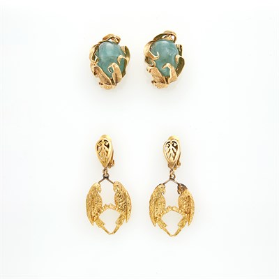 Lot 1139 - Pair of Gold Parrot Earclips and Gold and Cabochon Green Beryl Earclips