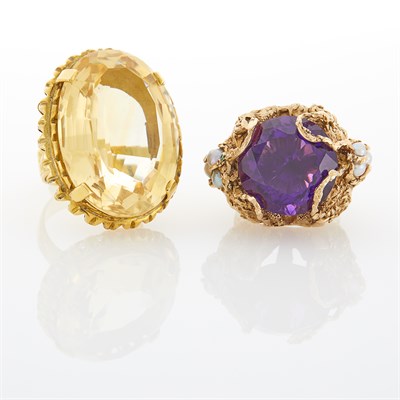 Lot 1089 - Gold and Citrine Ring and Gold, Amethyst and Freshwater Pearl Ring