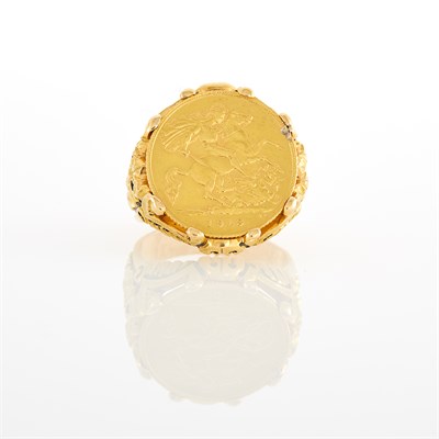 Lot 1082 - Gold, Gold Coin and Black Enamel Ring