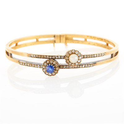 Lot 1178 - Antique Gold, Sapphire, Button Pearl and Diamond Bangle Bracelet