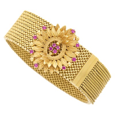 Lot 75 - Gold and Ruby Flower Slide Fringe Mesh Bracelet