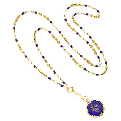 Lot 126 - Gold, Cultured Pearl and Blue Enamel Chain with Antique Pendant-Watch