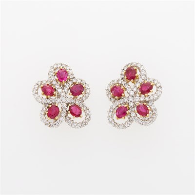 Lot 1053 - Two-Color Gold Ruby and Diamond Flower Earrings