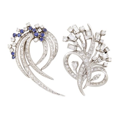 Lot 94 - Platinum and Diamond Pendant-Brooch and White Gold, Diamond and Sapphire Brooch