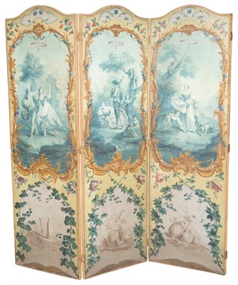 Lot 104 - French Painted Canvas and Wood Three Panel...