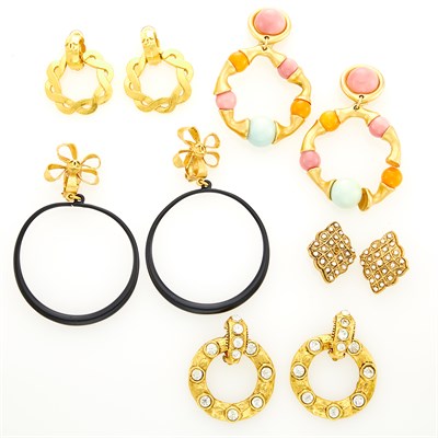 Lot 275 - Chanel Five Pairs of Gilt-Metal, Multicolored Resin and Strass Pendant-Earclips