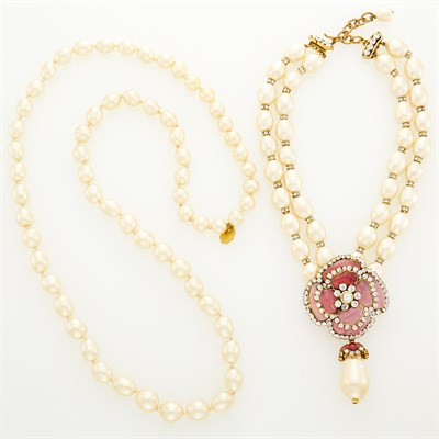 Lot 269 - Chanel Two Gilt-Metal Glass Imitation Pearl, Gripoix and Strass Necklaces