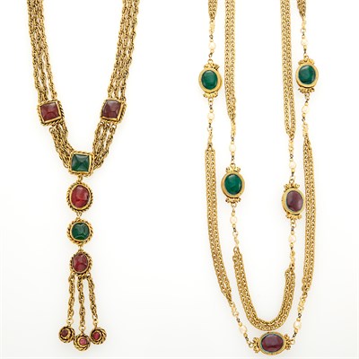 Lot 264 - Chanel Gilt-Metal, Gripoix and Glass Imitation Pearl Long Chain and Lariat Necklace
