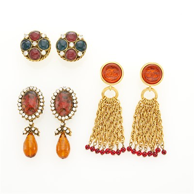 Lot 276 - Chanel Three Pairs of Gilt-Metal, Gripoix and Strass Earclips