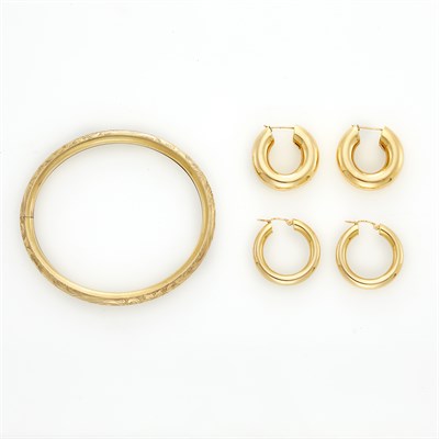Lot 1136 - Two Pairs of Gold Hoop Earrings and Bangle Bracelet