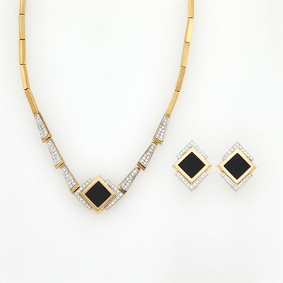 Lot 1137 - Gold, Black Onyx and Diamond Necklace and Pair of Earrings