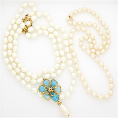 Lot 268 - Chanel Two Gilt-Metal, Imitation Glass Pearl, Gripoix and Strass Necklaces