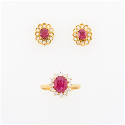 Lot 1075 - Gold, Ruby and Diamond Ring and Pair of Earrings