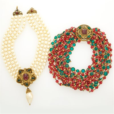 Lot 259 - Chanel Multistrand Gilt-Metal, Strass and Gripoix Torsade Necklace and Gripoix and Four Strand Glass Imitation Pearl Necklace