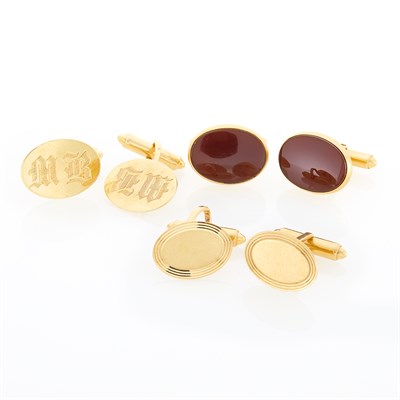 Lot 1221 - Three Pairs of Gold and Carnelian Cufflinks
