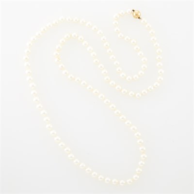 Lot 1159 - Long Cultured Pearl Necklace with Gold Clasp