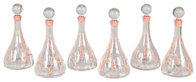 Lot 151 - Set of Six Coral Painted Glass Decanters...