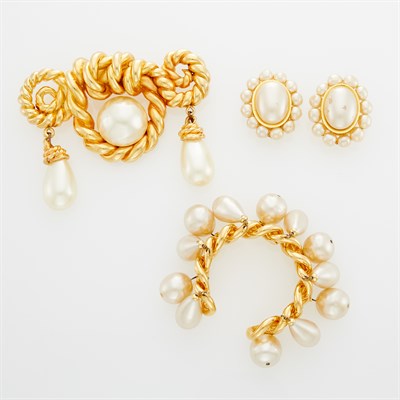 Lot 266 - Chanel Gilt-Metal and Glass Imitation Pearl Brooch, Cuff Bracelet and Pair of Earclips