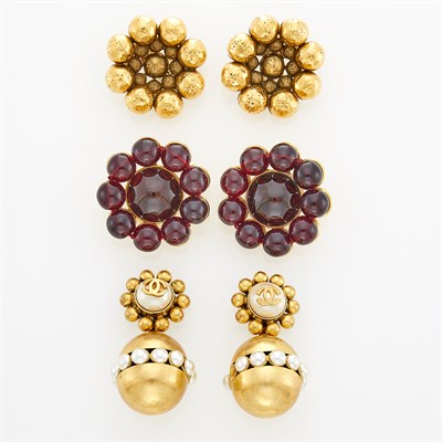 Lot 277 - Chanel Three Pairs of Gilt-Metal, Gripoix and Glass Imitation Pearl Earclips