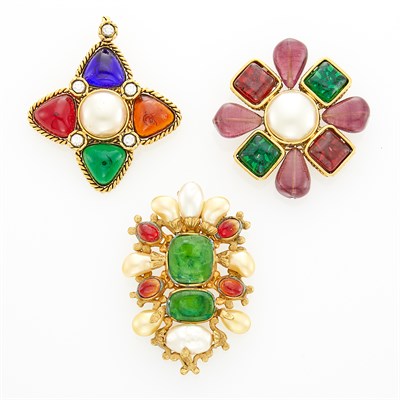 Lot 252 - Chanel Three Gilt-Metal, Gripoix and Strass Pendant-Brooches
