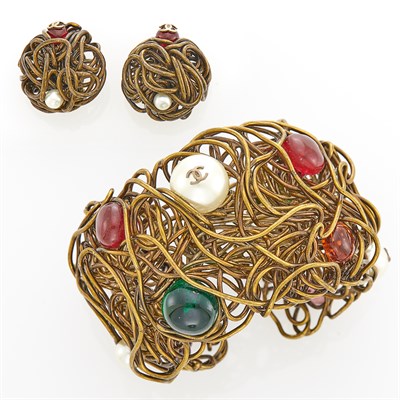 Lot 273 - Chanel Metal Wire, Gripoix and Imitation Pearl Cuff Bracelet and Pair of Earclips
