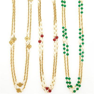 Lot 261 - Chanel Three Long Gilt-Metal, Glass Bead and Glass Imitation Pearl Chain Necklaces